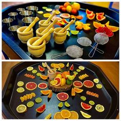 there are many fruits on the trays and in cups to make them look like they have been made out of fruit