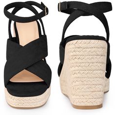 Every girl needs a versatile pair of wedges in her closet, and these beauties are a must-have! Featuring a stylish slingback ankle strap and an espadrille platform heel, they effortlessly add comfort to your everyday look. The cross-strap design perfectly complements your favorite denim jeans, shorts, skirts, and casual wear, making them a go-to choice for any occasion. Plus, they're made with a soft faux suede vamp, durable TPR outsole, and a comfortable Espadrille+EVA heel, ensuring long-lasti Trendy Adjustable High Heel Wedge Sandals, Chic Adjustable Wedge Sandals For Day Out, Chic Adjustable Wedge Heel Sandals, Adjustable Chic Wedge Heel Sandals, Chic Adjustable Ankle Strap Wedge Sandals, Chic Adjustable Synthetic Wedge Sandals, Chic Adjustable Round Toe Wedge Sandals, Wedge Sandals With Heel Strap For Vacation, Adjustable High Heel Wedge Sandals With Heel Strap