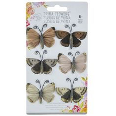 the prima flowers butterfly stickers are set on top of each other in different colors