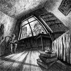 a black and white drawing of a person sitting in a room with books on the floor