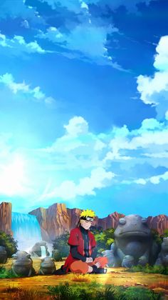 an anime scene with a man sitting on the ground in front of a waterfall and mountains