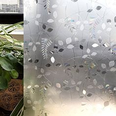 two pictures side by side with plants in vases on the window sill and behind them is a decorative glass curtain