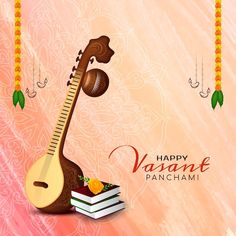 happy vasant panchami with books and instrument