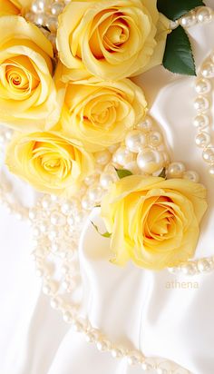 yellow roses and pearls on a white background