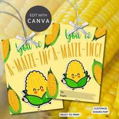 Editable corn-themed fall gift tags with the message 'You're A-MAIZE-ING!' in 2.5 x 3.5 inches, 8 per sheet, available as printable and customizable PDFs. Fall Customer Appreciation Gifts, November Marketing Gifts, Fall Gift Tags Printable Free, Thanksgiving Gift, Fall Treat Tags, Pumpkin Gift Tags, Happy Fall Yall Free Printable Tags, Table Fall Decor, Fall Party Favors