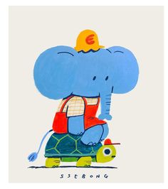 an elephant is sitting on top of a turtle with a baseball cap on it's head