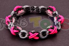 a pink and black bracelet with silver links