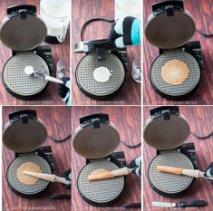 four pictures showing how to make waffle irons