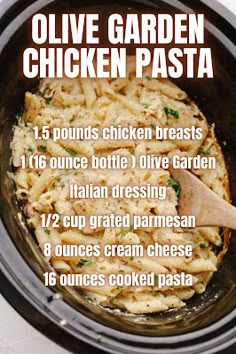 the instructions for how to make an olive garden chicken pasta recipe are shown in a crock pot