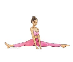 a drawing of a woman in pink yoga gear doing the splits with her legs crossed