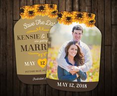 the sunflower save the date card is shown in brown and yellow, with an image of