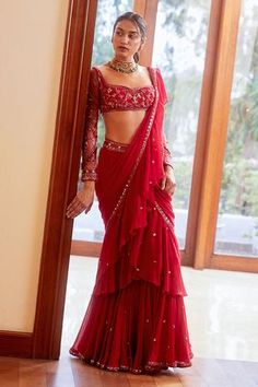 Shop for Sanya Gulati Pink Georgette Embroidered Pre-draped Saree With Blouse for Women Online at Aza Fashions भारतीय दुल्हन संबंधी, डिजा��इनर कपड़े, Indian Outfits Lehenga, Ruffle Saree, Traditional Indian Dress, Indian Dresses Traditional