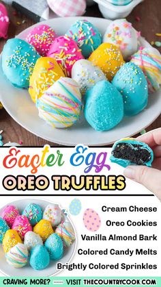 an advertisement for easter egg oreo balls with colorful frosting and sprinkles