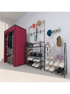 a shoe rack with shoes on it next to a wall mounted storage unit in a room