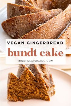 vegan gingerbread bundt cake on a white plate with the words, vegan gingerbread bundt cake