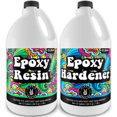 two gallon bottles of epoxy resiner on a white background with colorful swirls