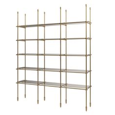 a gold shelf with three shelves on each side and two metal bars in the middle