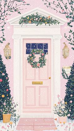 a painting of a pink door with wreaths on it