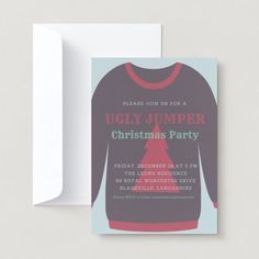 an ugly jumper christmas party card with the text ugly jumper on it, in red and blue