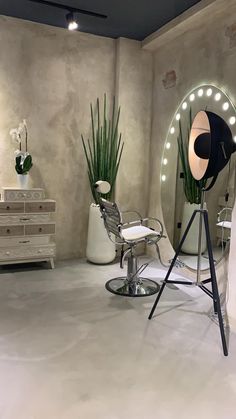 a chair and mirror in a room with lights on the walls, plants behind it