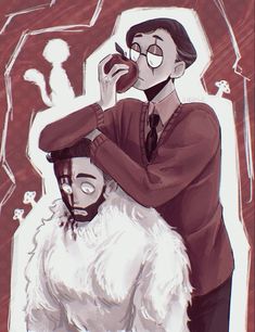 a drawing of a man brushing his hair next to another man with a goat in front of him