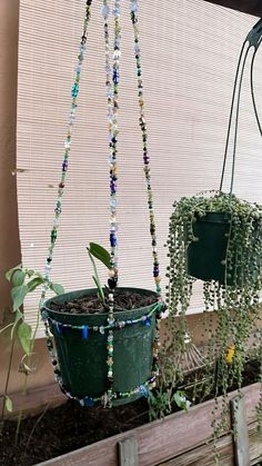 two potted plants with beads hanging from them