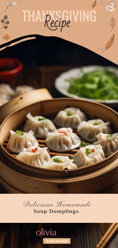 an advertisement for dimming dumplings on a table with chopsticks and plates