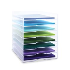 a multicolored file cabinet with five drawers on the bottom and one drawer open