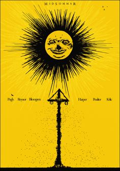 a yellow poster with an image of the sun above it