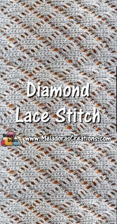 the diamond lace stitch pattern is shown in white and orange colors, with text overlaying