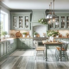 a kitchen filled with lots of green cabinets and counter top space next to a dining room table