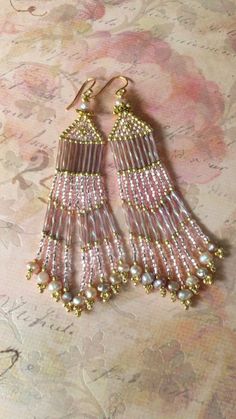 Seed Bead Long Pink and Gold Freshwater Pearl Fringe Earrings - Etsy Pink Dangle Beaded Earrings With Spacer Beads, Pink Beaded Chandelier Earrings For Wedding, Pink Beaded Dangle Earrings With Bead Caps, Pink Dangle Beaded Earrings With Bead Caps, Pink Beaded Earrings For Weddings, Pearl Fringe, Short Earrings, Beaded Earrings Native, Bead Tutorials