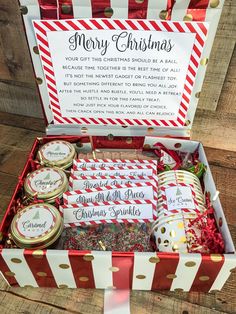 a christmas gift box filled with candy and treats for the family to share on their holiday day