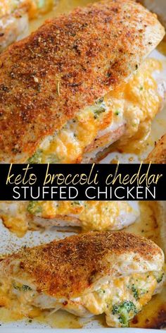 two pictures of chicken with cheese and broccoli