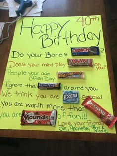 a birthday card with candy bars on it