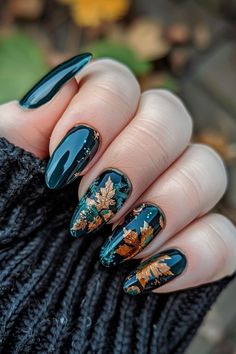 These fall nail designs are everything!#TattooDesigns #TattooInspiration #InkIdeas #TattooArt #Tatto Nail Art Designs In Dark Color, Dark Autumnal Nails, Dark Teal Fall Nails, Teal Fall Nail Designs, Teal Autumn Nails, Teal Nails Fall, Leaf Nails Fall, Stilleto Fall Nail Designs, Halloween Nail Stamping Ideas