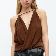 New Without Tags Zara Asymmetrical Draped Top Beautiful Rich Brown Color // Perfect For Fall Brown Evening Top For Spring, Chic Brown Party Top, Zara Asymmetrical Top For Night Out, Brown Asymmetrical Summer Top, Elegant Asymmetrical Zara Blouse, Elegant Asymmetrical Zara Tops, Asymmetrical Tops For Spring Date Night, Zara Top For Night Out, Zara Versatile Top For Night Out