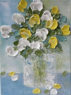 a painting of yellow and white flowers in a vase