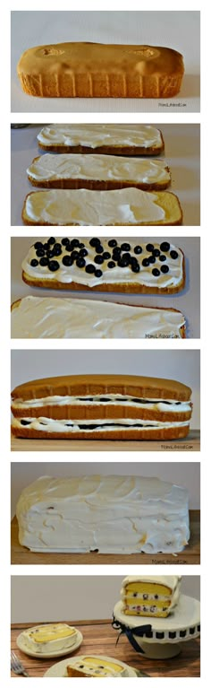 four different types of bread with white frosting and black dots on them, all lined up in the same row