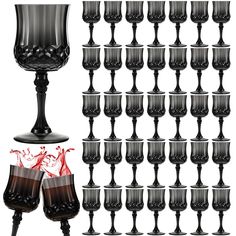 a bunch of wine glasses sitting next to each other