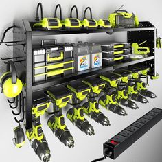 a wall mounted shelf filled with lots of different types of electrical tools and equipment on it