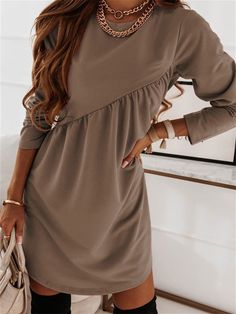 Long Sleeve Irregular Round Neck Dress with Solid Color Trendy Tunic, Neck Bodycon Dress, Autumn Dress, Hem Design, Round Neck Dresses, Womens Black Dress, Mini Shift Dress, Long Sleeve Mini, Medan