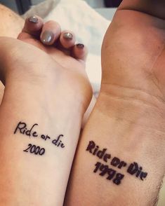 two people holding hands with tattoos on their arms that read ride or die, 2000 - 2009