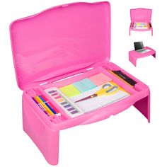 a pink plastic desk with lots of writing and supplies in the inside of its case