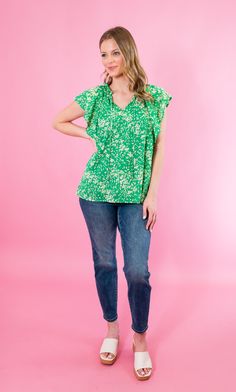 Ruffled sleeves Self tie detail at neckline Lined/non-sheer Flowy fit 100% Polyester SIZES: SMALL MEDIUM LARGE Flaunt your playful side in this Floral Print V-Neck Flutter Sleeve Blouse. With a vibrant green color and eye-catching floral print, you'll turn heads wherever you go. The flutter sleeves add a touch of whimsy, making this a must-have piece for any fashion-forward individual. (Green never looked so good!) SIZE XS S M L XL 2XL 3XL FITS A SIZE 00-0 2-4 6-8 10-12 14-16 18-20 22-24 Platform Heels Boots, Sandal Platform, Blue And White Dress, Ruffled Sleeves, Platform Sandals Heels, Green Blouse, Flutter Sleeve, Dress Romper, Sweater Shirt