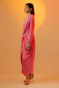 Pink full sleeve draped dress with V neckline. - Aza Fashions Pink Plain, Pink Maxi, Draped Dress, Pink Satin, Dress For Women, Aza Fashion, Full Sleeve, Maxi Dress, Satin