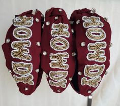 Perfect Accessory to your Game Day wardrobe!  Maroon headband with HOWDY wording in gold and white beads.  The headband is adourned by sparkley rhinestones on both sides. Headband Game, Football Headband, Turban Headbands, Nov 2, White Beads, Hair Accessories Headbands, Game Day, Accessory Gift, Hair Accessories