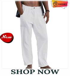 Men's Linen Pants Trousers Wide Leg Solid Color Breathable Quick Dry Athletic Casual Athleisure Cotton Linen Loose Fit Dark Grey White Micro-elastic / Spring / Summer / Fall White Summer Leisure Pants, Baggy Sports Pants For Summer, Summer Sports Baggy Pants, White Stretch Yoga Pants Casual, Leisure White Pants With Pockets, Summer Leisure Pants With Side Pockets, Summer Sports Cotton Pants, Comfortable Yoga Pants For Summer, Comfortable Casual Straight Leg Pants