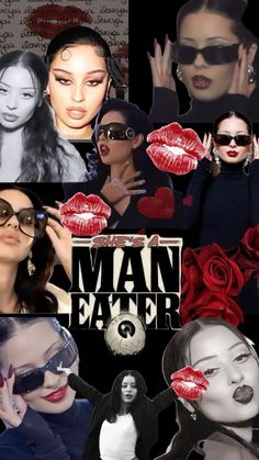 the collage has many different images of women with red lipstick on their faces and hands