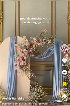 an advertisement for a private event with flowers on the stage and decorations in gold frames